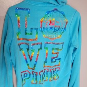 PINK Victoria's Secret Aqua Hoodie Large *Bling*